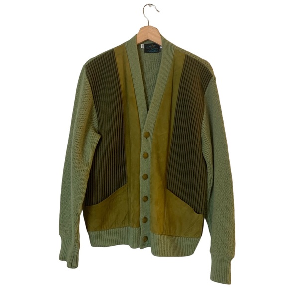 Vintage 1960s Wool Knitted Suede Front Geo Mod Cardigan Sweater Green Medium - Picture 2 of 9